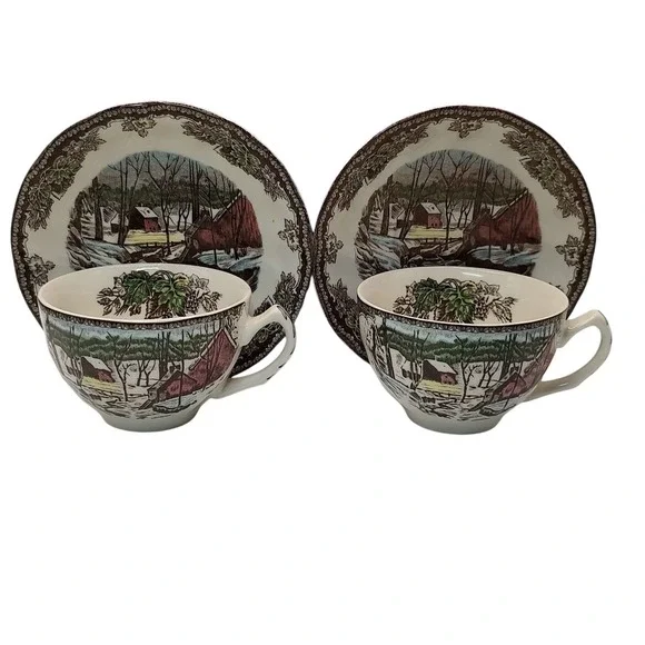 Johnson Brothers Teacup and Saucers Friendly Village The Ice House Set of Two‎