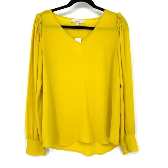 LOFT Long Puff Sleeve Popover Blouse Womens Size Medium Golden Yellow NEW