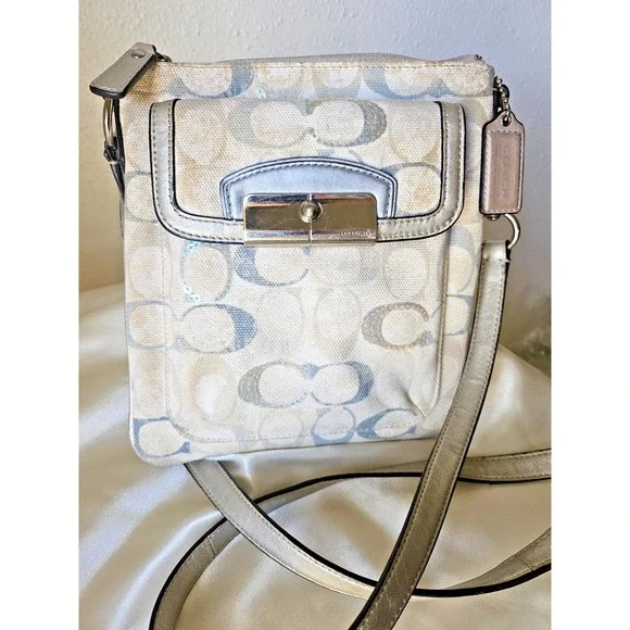 COACH Ashley Pastel Blue with Cream and Tan/Silver Swing Pack w/Sequins
