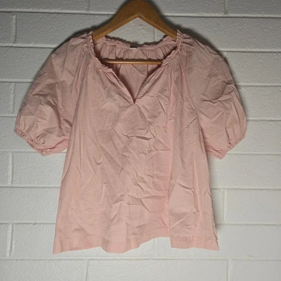 Old Navy Powder Pastel Pink Bamboo Top Medium Cotton Puff Sleeve Preppy Cottage