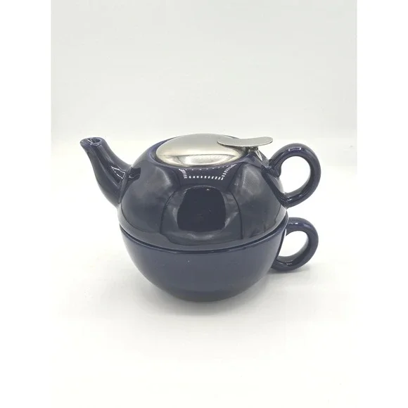Deep Blue Ceramic Tea Pot‎ with Infuser and Matching Cup Set for One