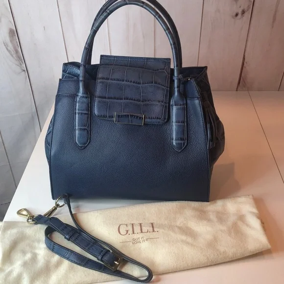 NWOT G.I.L.I. Navy Leather Croc Embossed Satchel Crossbody Bag