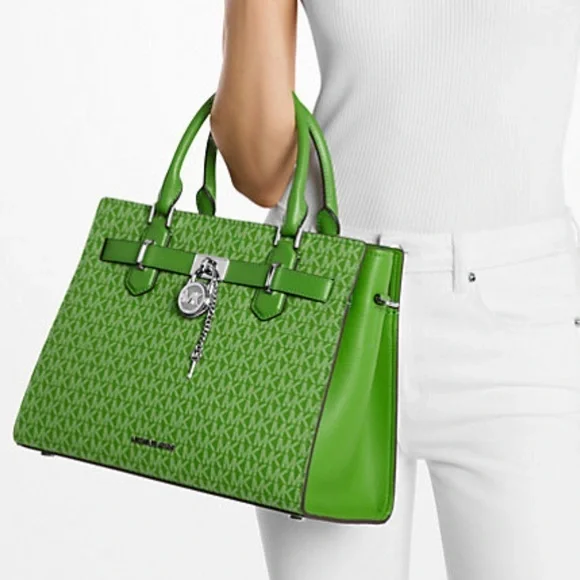 Michael Kors Hamilton Medium Signature Logo Satchel Jungle Green  NWT