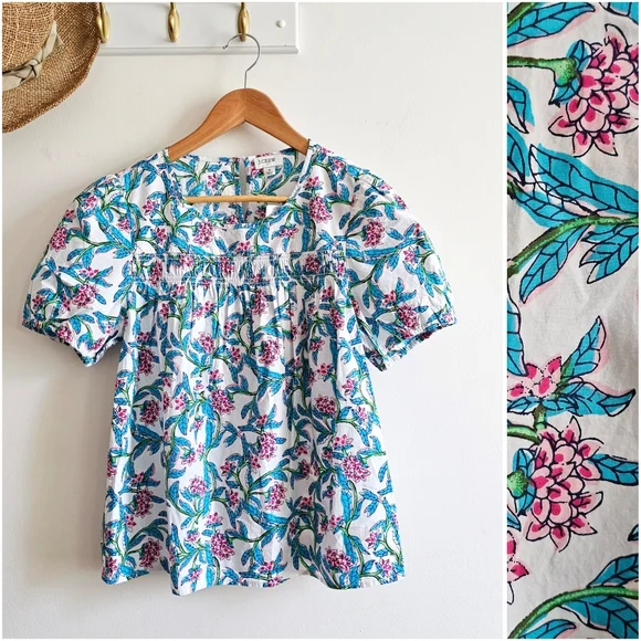 🌸 J.Crew Floral Puff Sleeve Smocked Cotton Top BR635 Re-Imagined NWT Size S