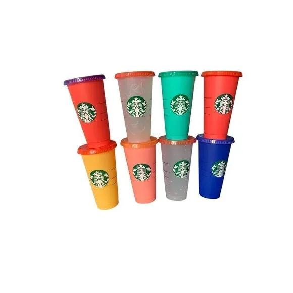 NEW 8 Starbucks Plastic Reusable LOGO Color Changing Cold Cup & LIDS 24 Oz SET
