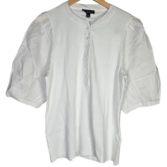 J. Crew‎ Vintage rib puff-sleeve henley top L White BQ896
