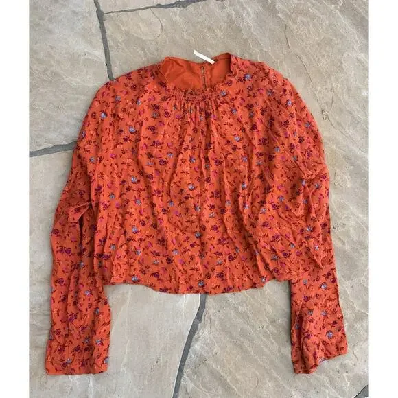 Free People Shirt Womens Medium Floral Long Sleeve Cropped Split Back Boho