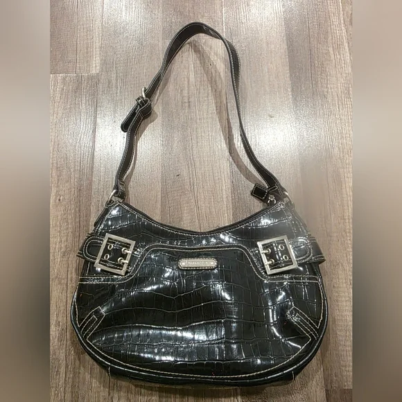 ROSETTI Y2K CROC EMBOSSED BLACK LUNE CROISSANT BAG Shoulder Preppy 2000s Shiny