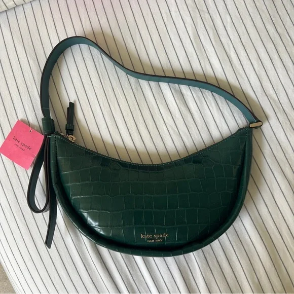kate spade Dark Green Croc-Embossed Crescent Shoulder  bag NWT