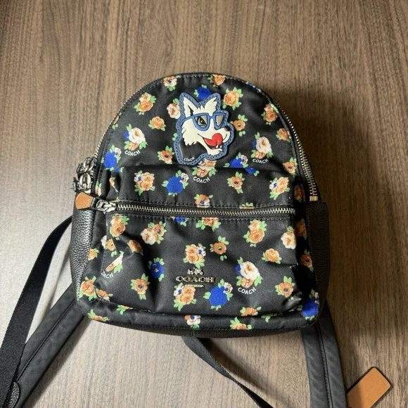 NEW Coach F57636 Tea Rose Floral Print‎ Nylon Mini Charlie Backpack- Black Multi