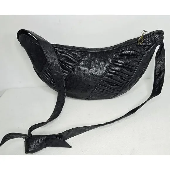 Vintage Judith Leiber Black Ostrich Leather Shoulder Bag Handbag Crescent Shape