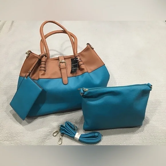 NWT Black Rivet 3-in-1‎ Handbag Shoulder Tote Zipper Carry-All Turquoise & Brown