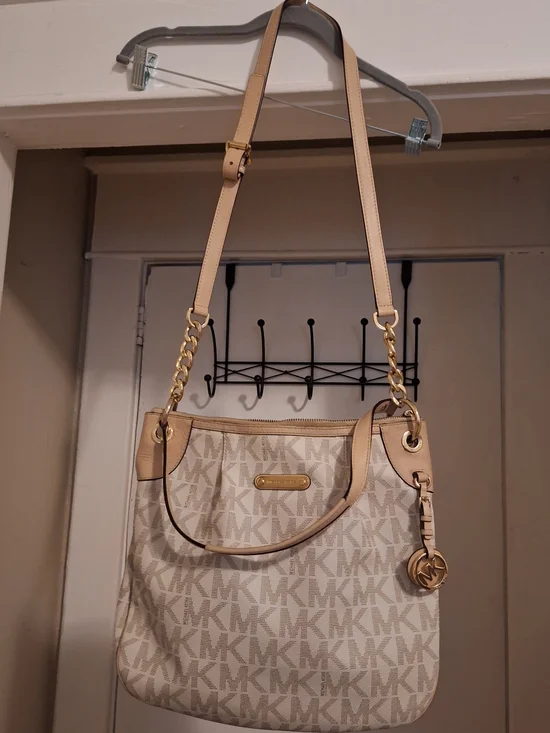 Michael Kors Beige and Tan MK Logo Shoulder Bag with Gold Hardware