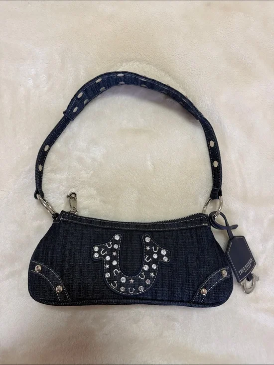 True Religion Dark Denim Studded Horseshoe Shoulder Bag Brand New