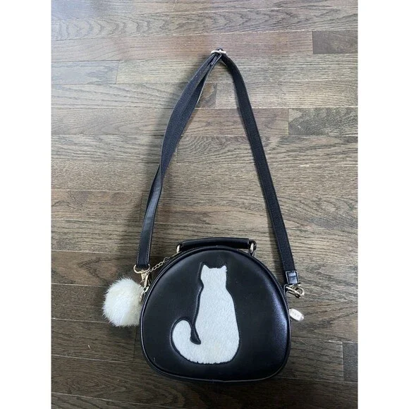 girls cat crossbody Bag Black Pom Novelty