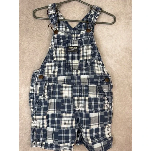 OshKosh B'gosh Overalls Toddler 24M Blue White Patchwork Plaid Cotton Vestbak
