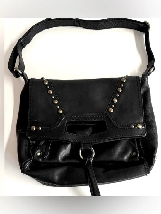 Lucky Brand Abbey fold over black leather studded messenger bag.Very Clean.
