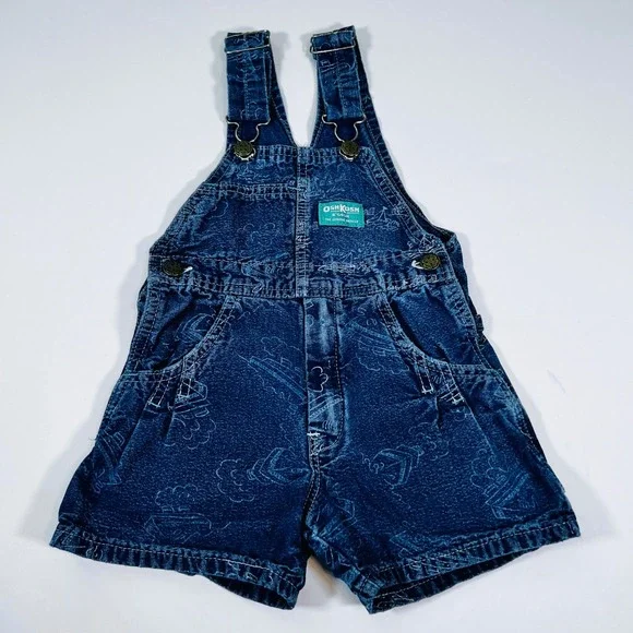 Vintage OshKosh B'gosh USA‎ Denim Overall Shorts Kids Size 4 Nautical Sail Boat