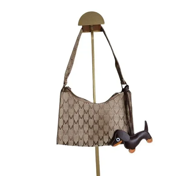 Y2K Beige Brown Monogram Baguette Bag w/ Dog Charm NWT