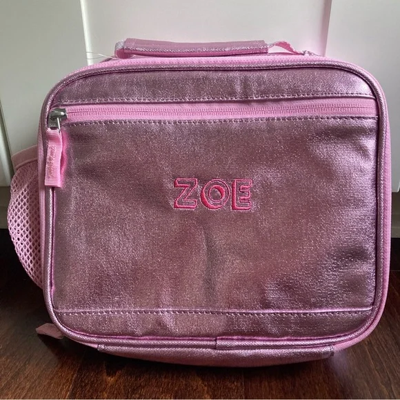 NEW Pottery barn Kids Mackenzie Pink Metallic Lunchbox monogrammed ZOE glittery