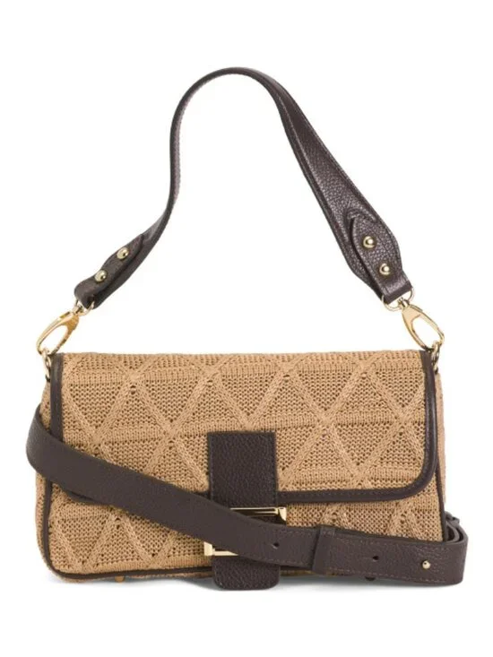 DIVINA FIRENZE Made In Italy Crochet Shoulder Bag With Leather Trim