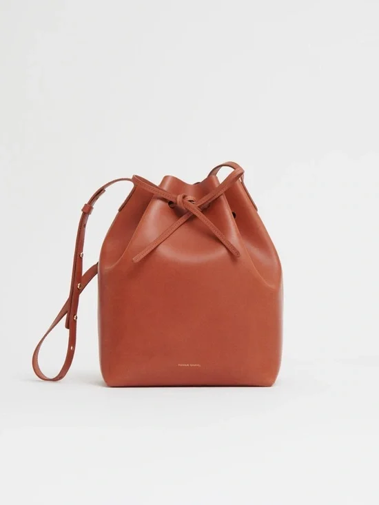 Mansur Gavriel Leather Drawstring Bucket Bag in Cognac Brown