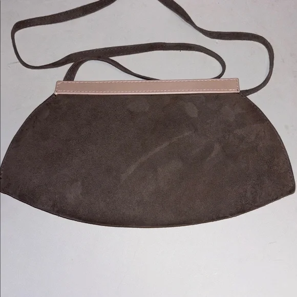 JACQUES VERT OF ITALY TAUPE SUEDE SHOULDER BAG PINK LEATHER TRIM SUEDE STRAP