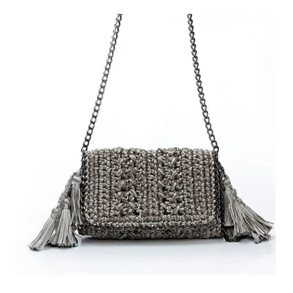 Catarina Mina Mira Handbag in Argenta Gris Crochet Pewter Silver Satin Threads