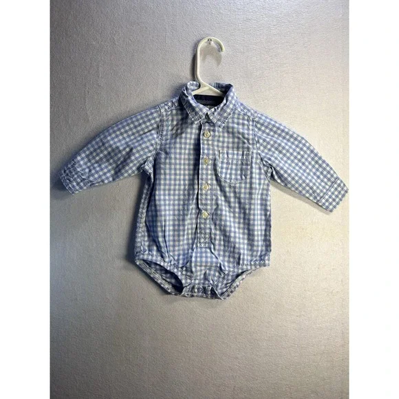 OshKosh B'gosh Blue/White Gingham Collared Long Sleeve Button Bodysuit 18M