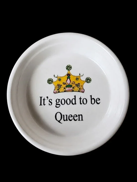 Good To Be Queen Cat Dog Food Dish Trinket Tray Crazed Blue Sky Brand