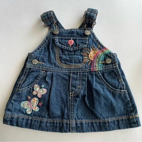OshKosh B’Gosh Denim Overalls Dress Embroidered Rainbow Mushroom
