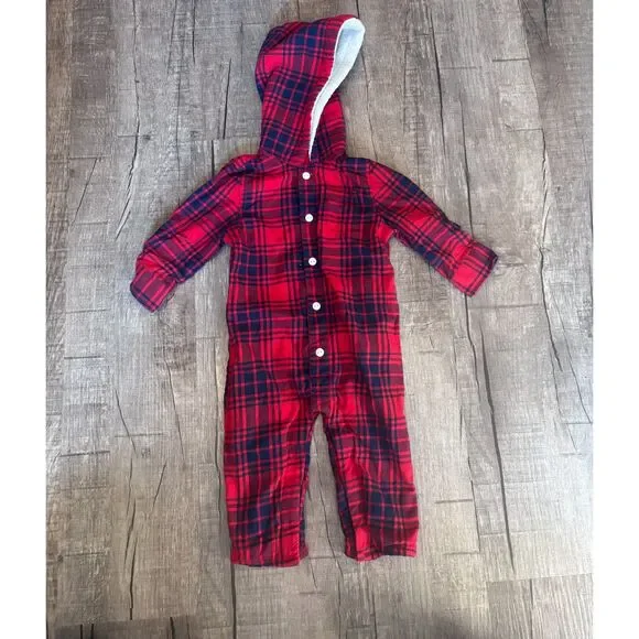 OshKosh Baby Boy‎ Plaid Hooded Romper 12M Red Blue One Piece Outfit