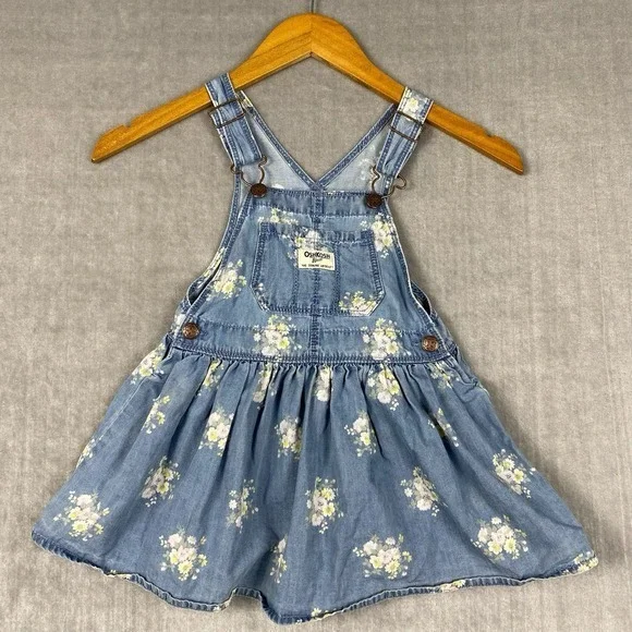 Oshkosh Girls Overall Dress Size 3T Floral‎ Cotton Denim Chambray Floral Prairie