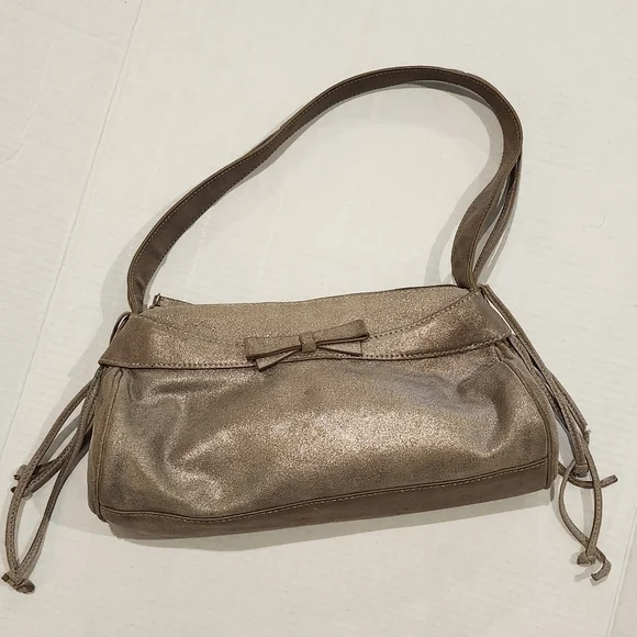 Sondra Roberts Bronze Metallic Bow detail purse Suede Fringe Thick strap