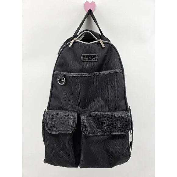 Itzy Ritzy Boss Backpack Diaper Bag Black Herringbone Silver Hardware