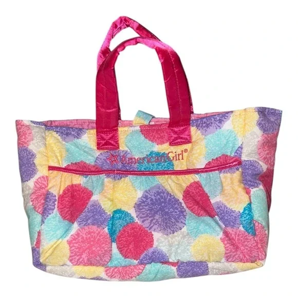American Girl Kids Tote Bag Colorful Floral Print‎ Pink Handles Pouch Pocket