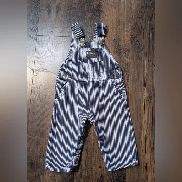 Vintage OshKosh Railroad Overalls Blue White Stripes Size 12 Months