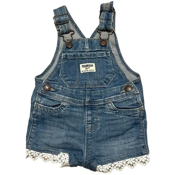 OshKosh Denim Short‎ Overalls Baby Girls 6M Floral Lace Trim Adjustable Straps