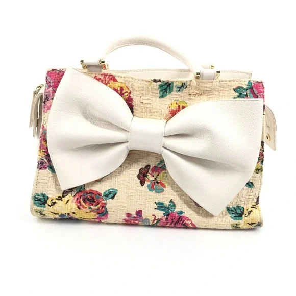 Betsey Johnson Floral Print Oversized Bow Straw Purse Handbag Bag Faux Leather