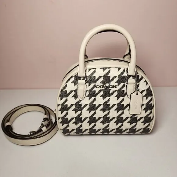 NWT COACH CJ628 SYDNEY SATCHEL HOUNDSTOOTH PRINT BAG CROSSBODY Cream