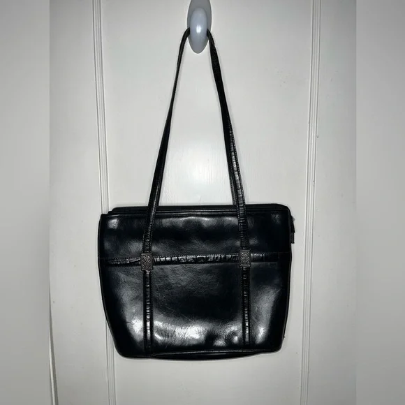 Vintage Brighton Black Structured Leather Shoulder Bag Reptile Print Trim