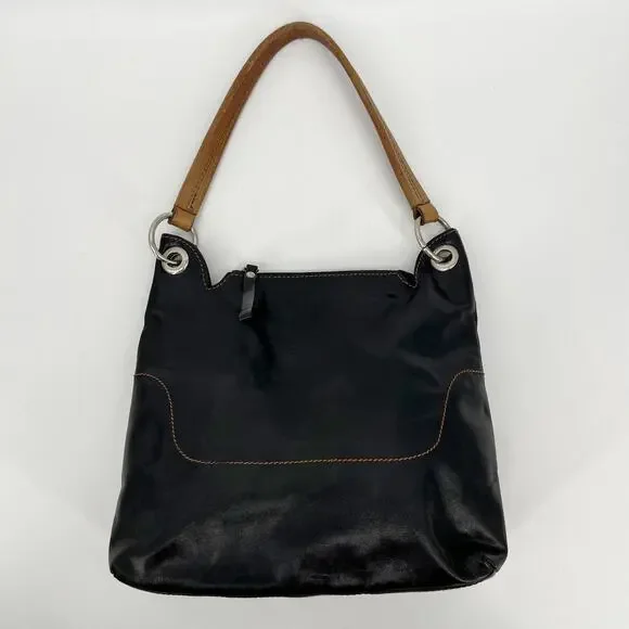 Coccinelle Hobo Shoulder Bag Black Leather Brown Strap Stitching Italian READ