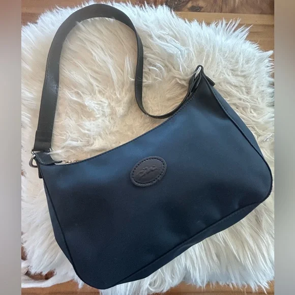 LONGCHAMP Nylon Crescent Shoulder Bag with Silver Accents in Navy