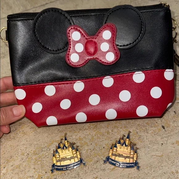 2 Disney world pins- 2005 & Disney Minnie Mouse Polka Dot Bag