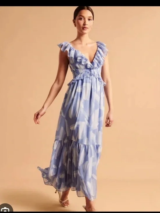 Abercrombie & Fitch Blue and White Ruffle Maxi Dress