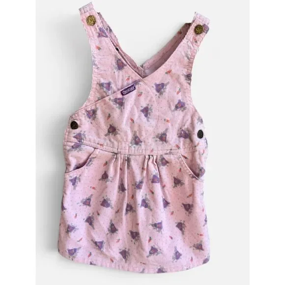 VTG 90s OshKosh Vestbak Corduroy Overall Dress Peter Cottontail Bunny Print 4T