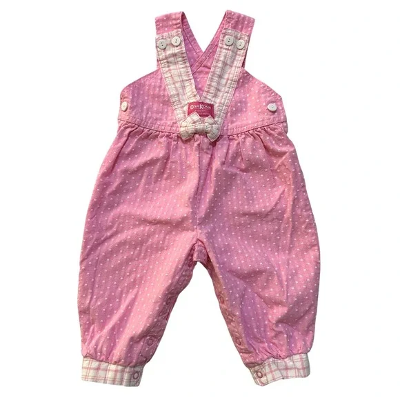 Vintage OshKosh Vestbak Pink Plaid Polka Dot Romper Overalls 18M Bubble USA Made