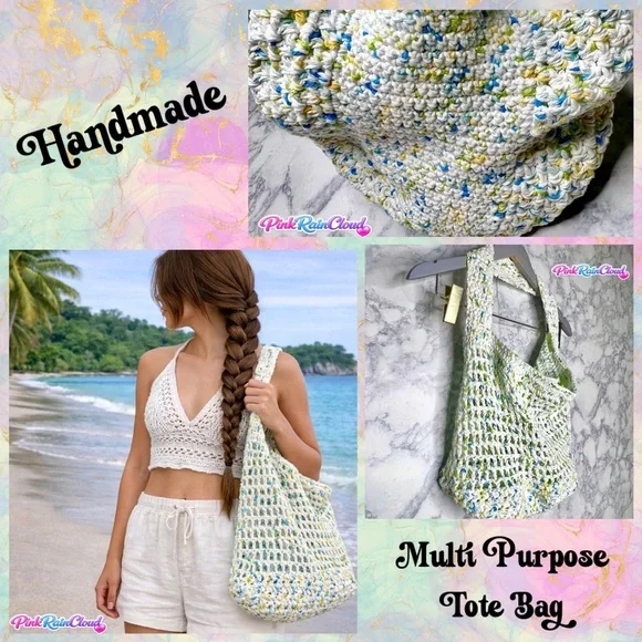Handmade Crochet Market Beach Eco Friendly 100% Cotton Tote Bag PinkRainCloud