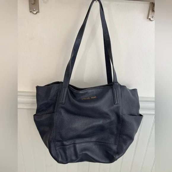 MICHAEL KORS Navy Blue Pebbled Leather Ashbury Double Strap Shoulder Tote Bag