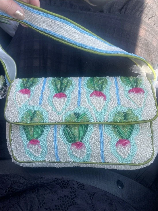 Beaded White & Green Turnip Shoulder Bag with Pink Accents